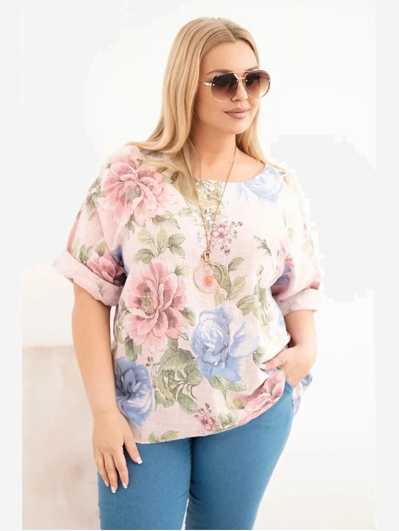 Dámska bavlnená blúzka Plus Size s krátkym rukávom a kvetinovým vzorom púdrová ružová