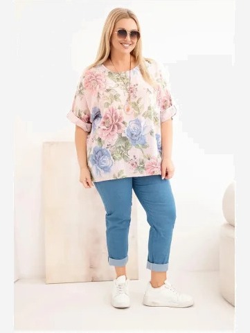 Dámska bavlnená blúzka Plus Size s krátkym rukávom a kvetinovým vzorom púdrová ružová