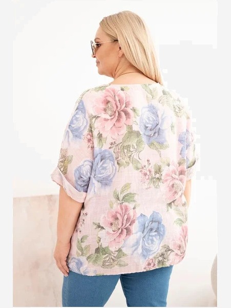 Dámska bavlnená blúzka Plus Size s krátkym rukávom a kvetinovým vzorom púdrová ružová