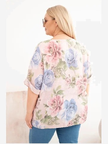 Dámska bavlnená blúzka Plus Size s krátkym rukávom a kvetinovým vzorom púdrová ružová