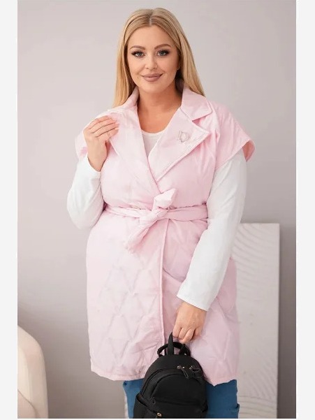 Dámska prešívaná vesta Plus Size s opaskom a golierom cukríková ružová