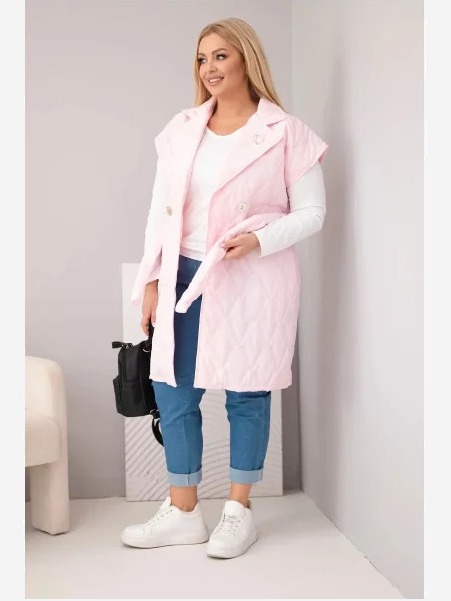 Dámska prešívaná vesta Plus Size s opaskom a golierom cukríková ružová
