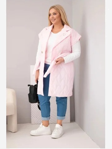Dámska prešívaná vesta Plus Size s opaskom a golierom cukríková ružová