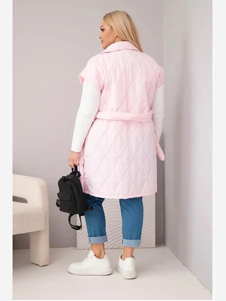 Dámska prešívaná vesta Plus Size s opaskom a golierom cukríková ružová