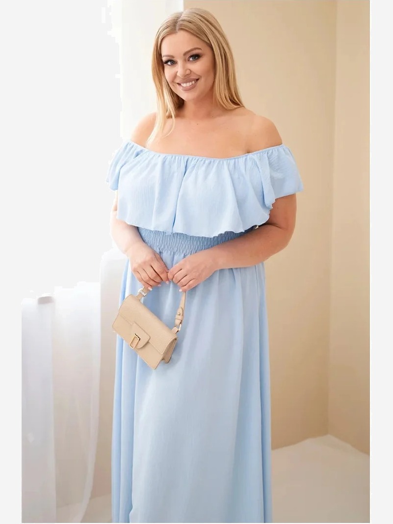 Dámske šaty pre plnoštíhle s volánom a elastickým pásom modrá