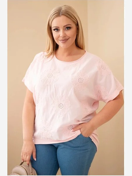 Dámska bavlnená blúzka Plus Size s vyšívanými kvetmi cukríková ružová