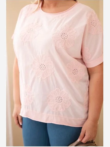 Dámska bavlnená blúzka Plus Size s vyšívanými kvetmi cukríková ružová