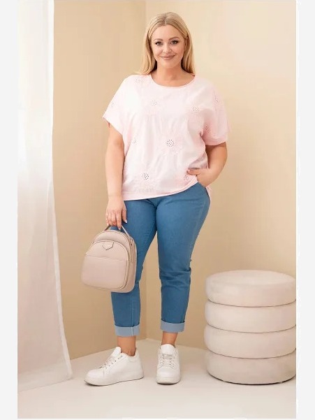 Dámska bavlnená blúzka Plus Size s vyšívanými kvetmi cukríková ružová