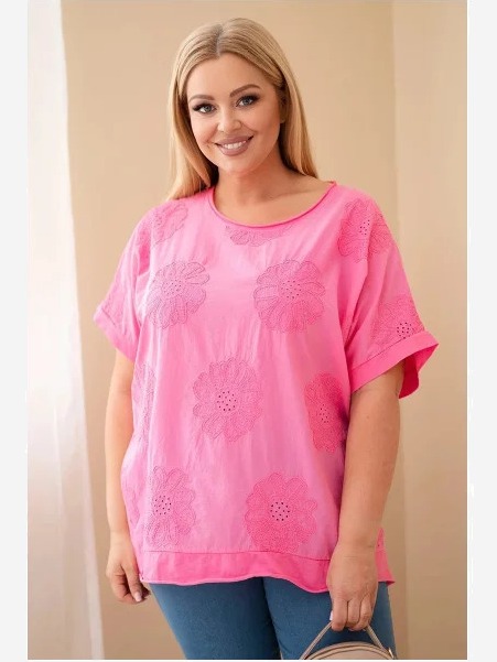 Dámska bavlnená blúzka Plus Size s vyšívanými kvetmi ružová