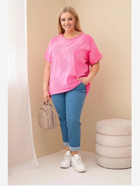 Dámska bavlnená blúzka Plus Size s vyšívanými kvetmi ružová