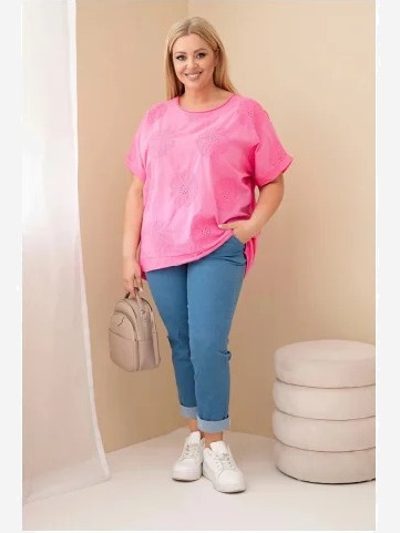 Dámska bavlnená blúzka Plus Size s vyšívanými kvetmi ružová