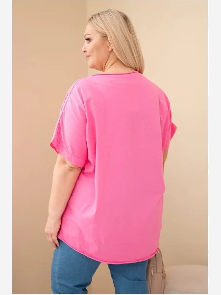 Dámska bavlnená blúzka Plus Size s vyšívanými kvetmi ružová
