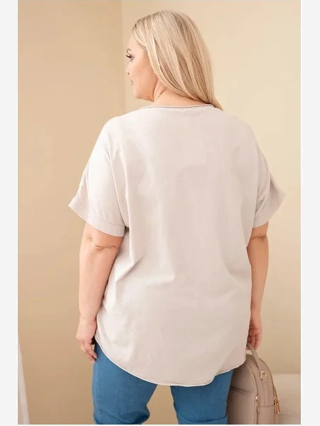 Dámska bavlnená blúzka Plus Size s vyšívanými kvetmi béžová
