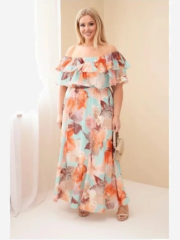Dámske šaty Plus Size s volánom off-shoulder a s elastickým pásom maxi mentolová