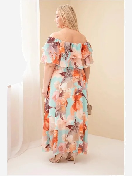 Dámske šaty Plus Size s volánom off-shoulder a s elastickým pásom maxi mentolová