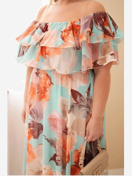 Dámske šaty Plus Size s volánom off-shoulder a s elastickým pásom maxi mentolová