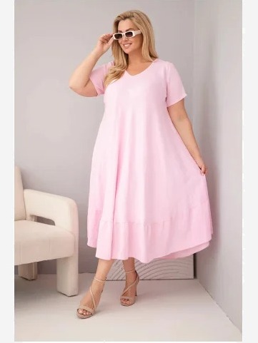 Dámske šaty plus size s krátkym rukávom a volánom z ľahkej viskózy cukríková ružová