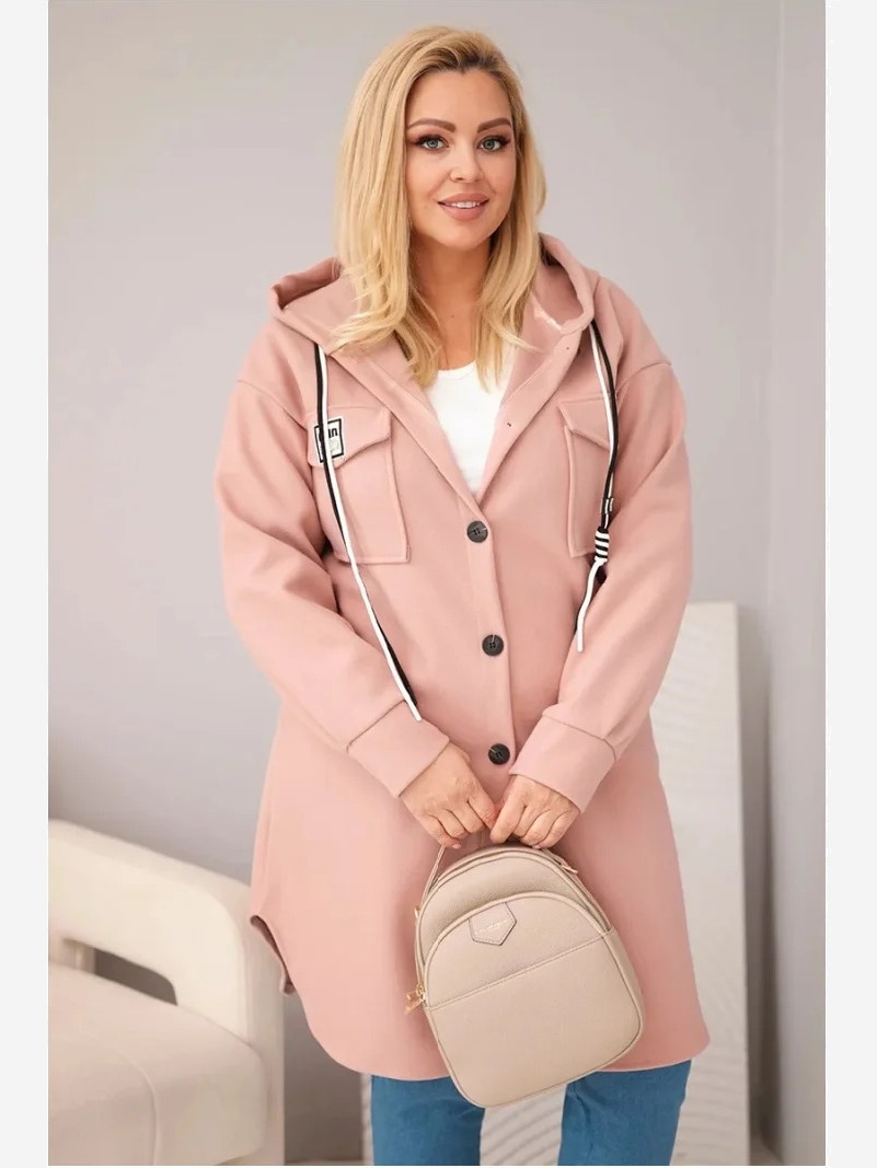 Dámsky kabát Plus Size s kapucňou zapínaný na gombíky tmavoružový