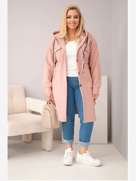 Dámsky kabát Plus Size s kapucňou zapínaný na gombíky tmavoružový