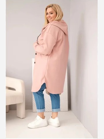 Dámsky kabát Plus Size s kapucňou zapínaný na gombíky tmavoružový