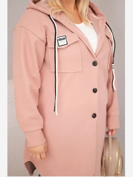 Dámsky kabát Plus Size s kapucňou zapínaný na gombíky tmavoružový