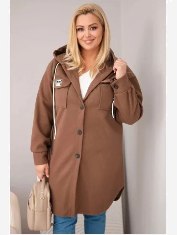 Dámsky kabát plus size s kapucňou zapínaný na gombíky hnedý