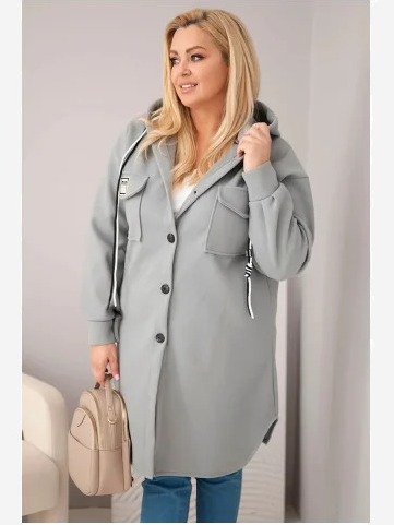 Dámsky kabát Plus Size s kapucňou zapínaný na gombíky sivý