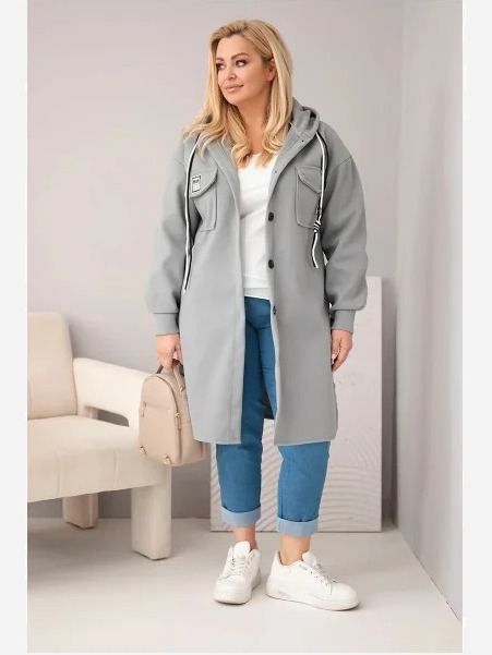 Dámsky kabát Plus Size s kapucňou zapínaný na gombíky sivý