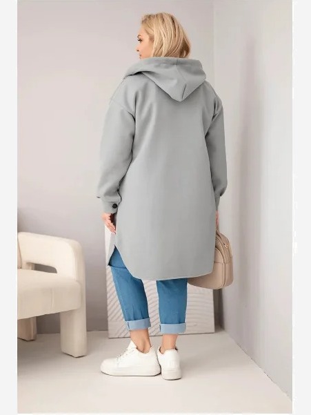Dámsky kabát Plus Size s kapucňou zapínaný na gombíky sivý
