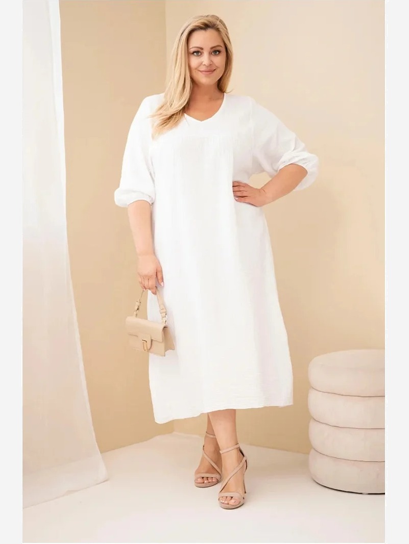 Dámske šaty Plus Size z bavlneného mušelínu s výstrihom do V biela