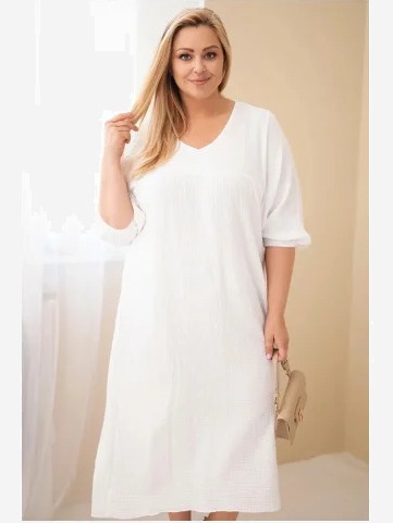 Dámske šaty Plus Size z bavlneného mušelínu s výstrihom do V biela