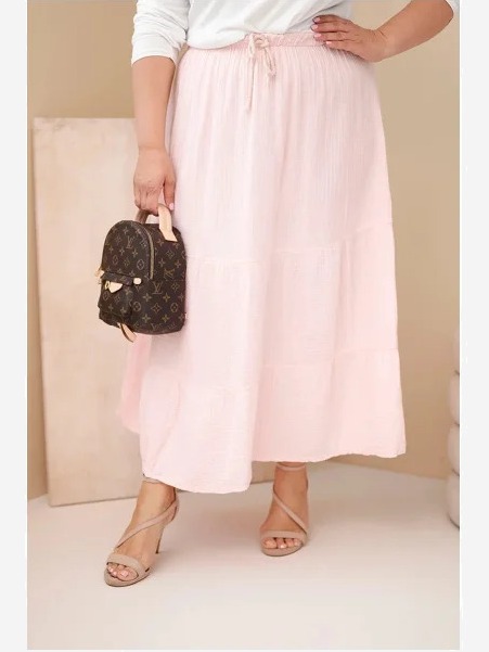 Dámska sukňa Plus Size bavlnená mušelínová s volánom a gumičkou cukríková ružová