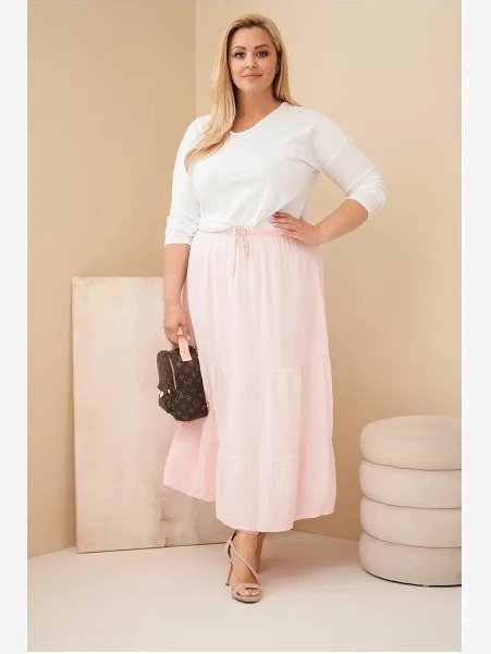 Dámska sukňa Plus Size bavlnená mušelínová s volánom a gumičkou cukríková ružová