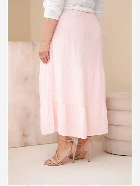 Dámska sukňa Plus Size bavlnená mušelínová s volánom a gumičkou cukríková ružová