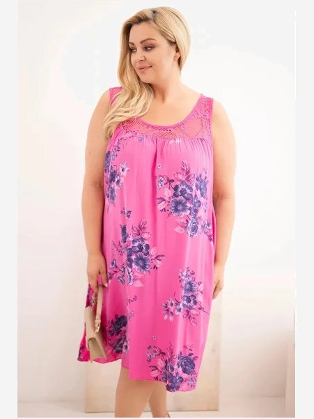 Dámske šaty Plus Size viskózové s kvetinovým vzorom s čipkovaným vrchom ružová