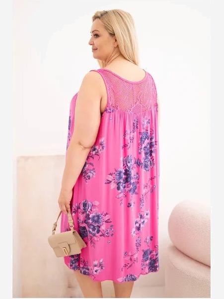 Dámske šaty Plus Size viskózové s kvetinovým vzorom s čipkovaným vrchom ružová