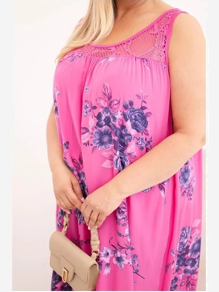 Dámske šaty Plus Size viskózové s kvetinovým vzorom s čipkovaným vrchom ružová