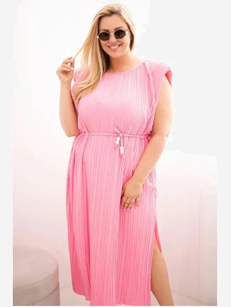 Dámske šaty Plus Size viskózové plisované so zaväzovaním svetloružová