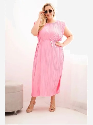 Dámske šaty Plus Size viskózové plisované so zaväzovaním svetloružová