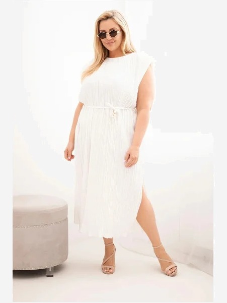 Dámske viskózové plisované šaty Plus Size s viazaním ecru