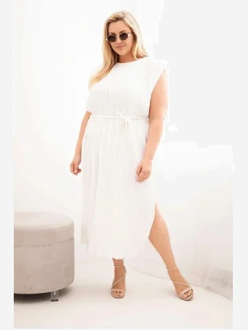 Dámske viskózové plisované šaty Plus Size s viazaním ecru