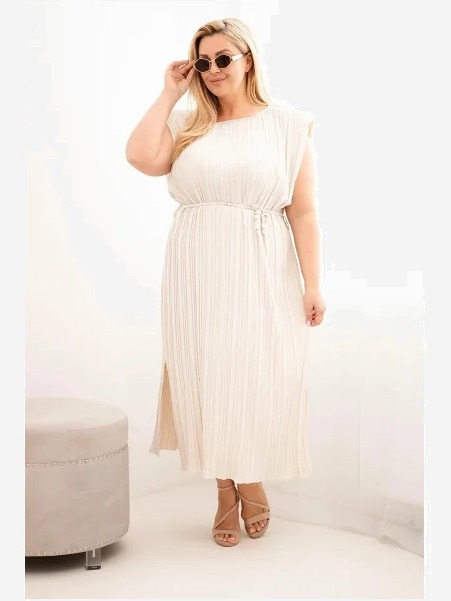 Dámske šaty Plus Size z viskózy, plisované so zaväzovaním béžové