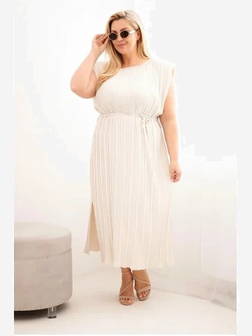 Dámske šaty Plus Size z viskózy, plisované so zaväzovaním béžové