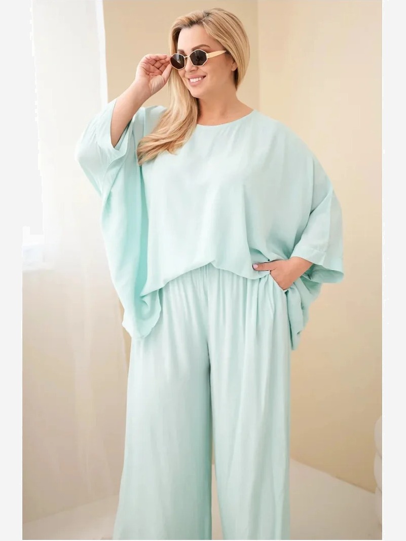 Dámsky plus size viskózový komplet so širokými nohavicami a blúzkou mätový