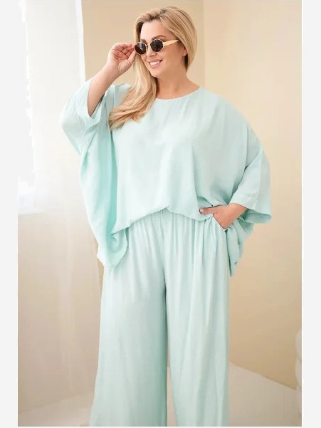 Dámsky plus size viskózový komplet so širokými nohavicami a blúzkou mätový