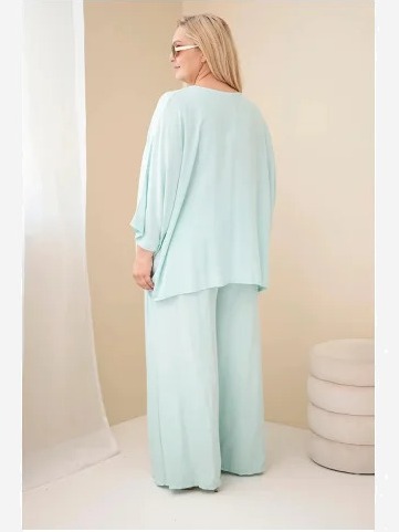 Dámsky plus size viskózový komplet so širokými nohavicami a blúzkou mätový