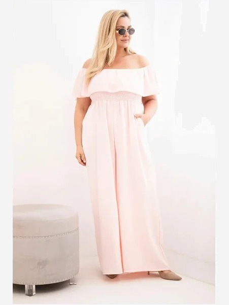 Dámsky overal Plus Size s volánom a krátkym rukávom púdrová ružová