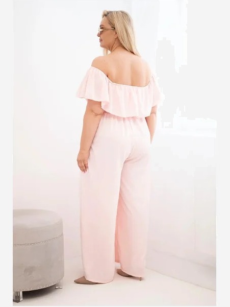 Dámsky overal Plus Size s volánom a krátkym rukávom púdrová ružová