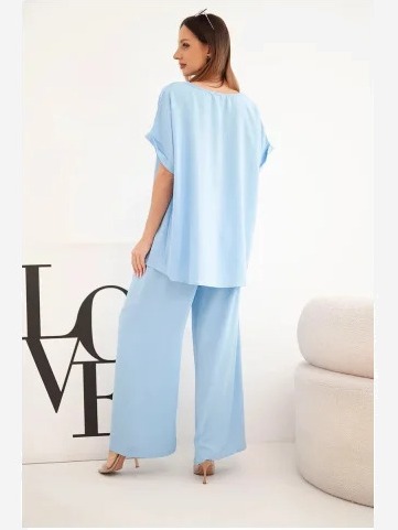 Dámsky komplet Plus Size blúzka a široké nohavice modrá