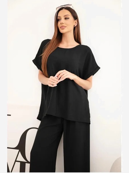 Dámsky komplet Plus Size blúzka a nohavice so širokými nohavicami čierny